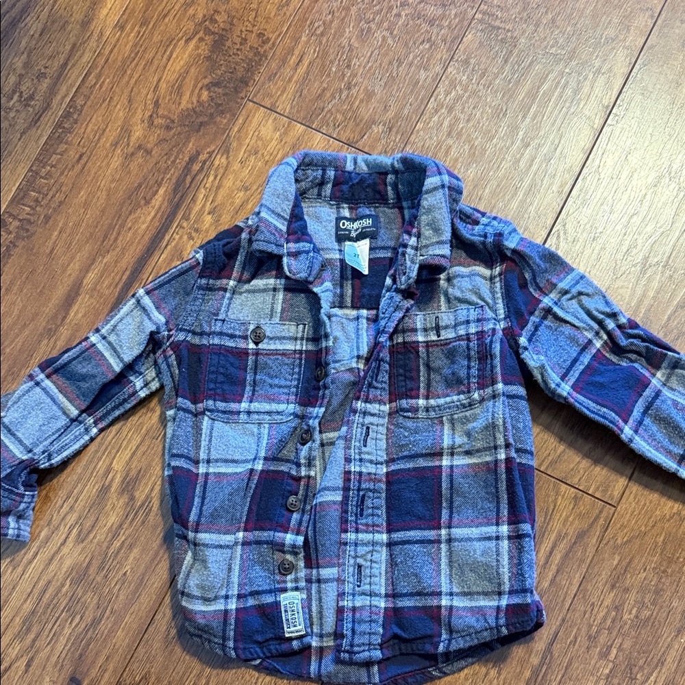 OshKosh B'gosh Kids flannel Plaid Button Down Shirt - Blue, Gray, and Red